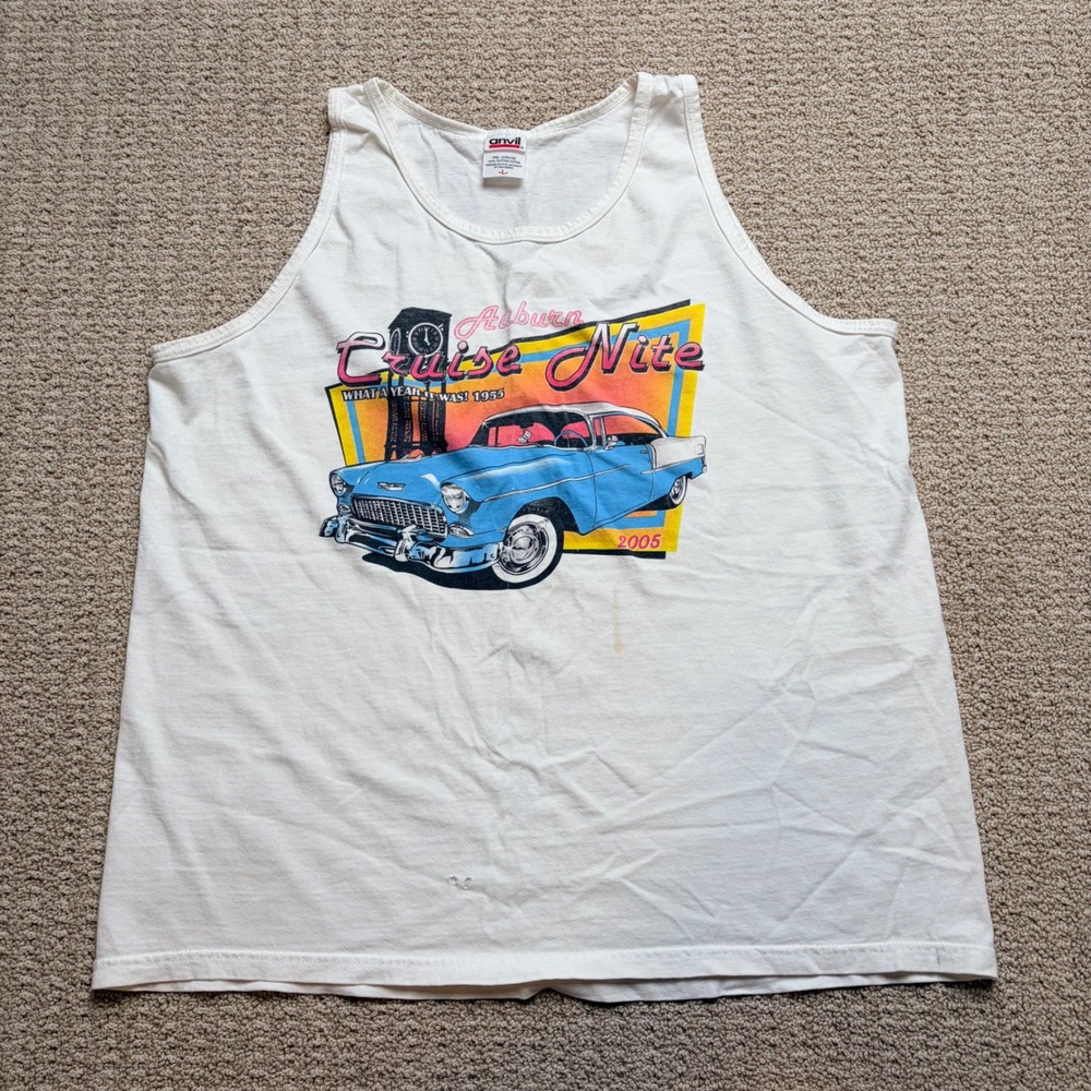 Anvil Auburn Cruise Nite 1955 Chevy Classic Car Graphic Tank Top White Large